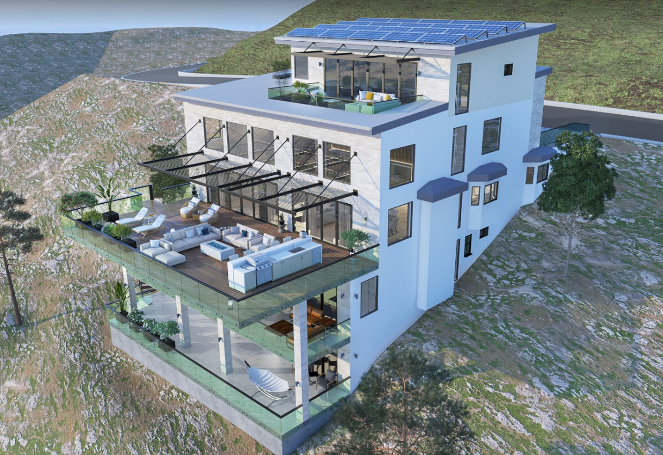 3D architectural rendering of a modern custom home design